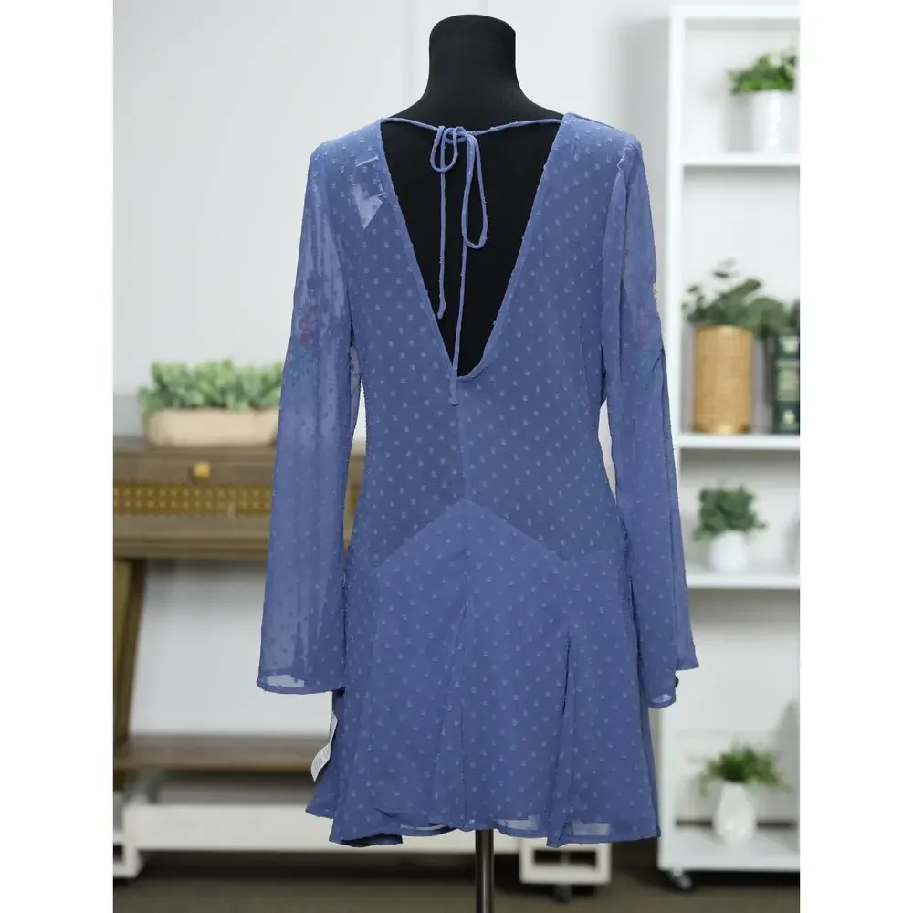ASOS DESIGN Embroidered Floral Mini Dress 10 Blue Swiss Dot Cottagecore Boho NWT - Picture 8 of 14